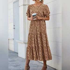 PrettyGarden Boho Comfortable Cottage Flowy Polka Dot Long Maxi Dress Brown Sz M